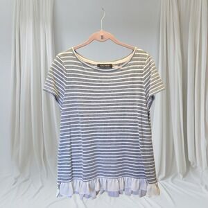 Ivanka Trump Gray & White Striped Ruffle Hem Top | Size Large